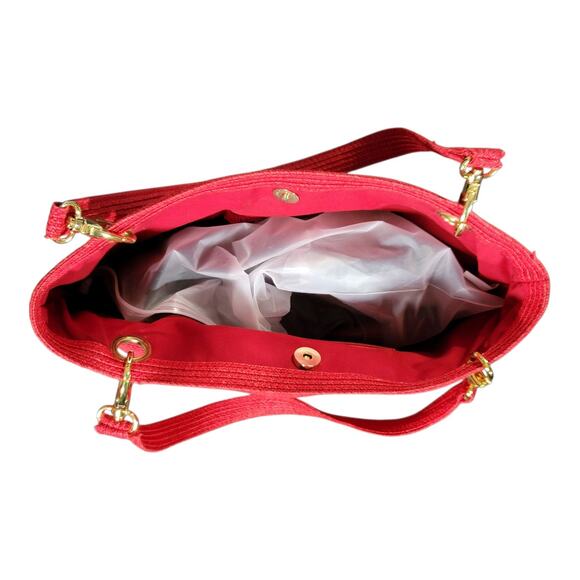 Red Woven Structured Handbag Gold Tone Hardware Top Handle Tote Studded Purse - Picture 7 of 12